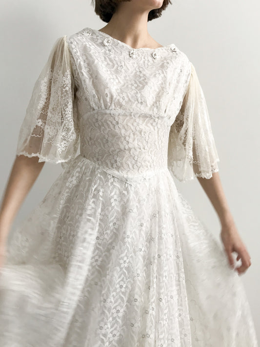 1940s Flutter Sleeve & Lace Wedding Dress
