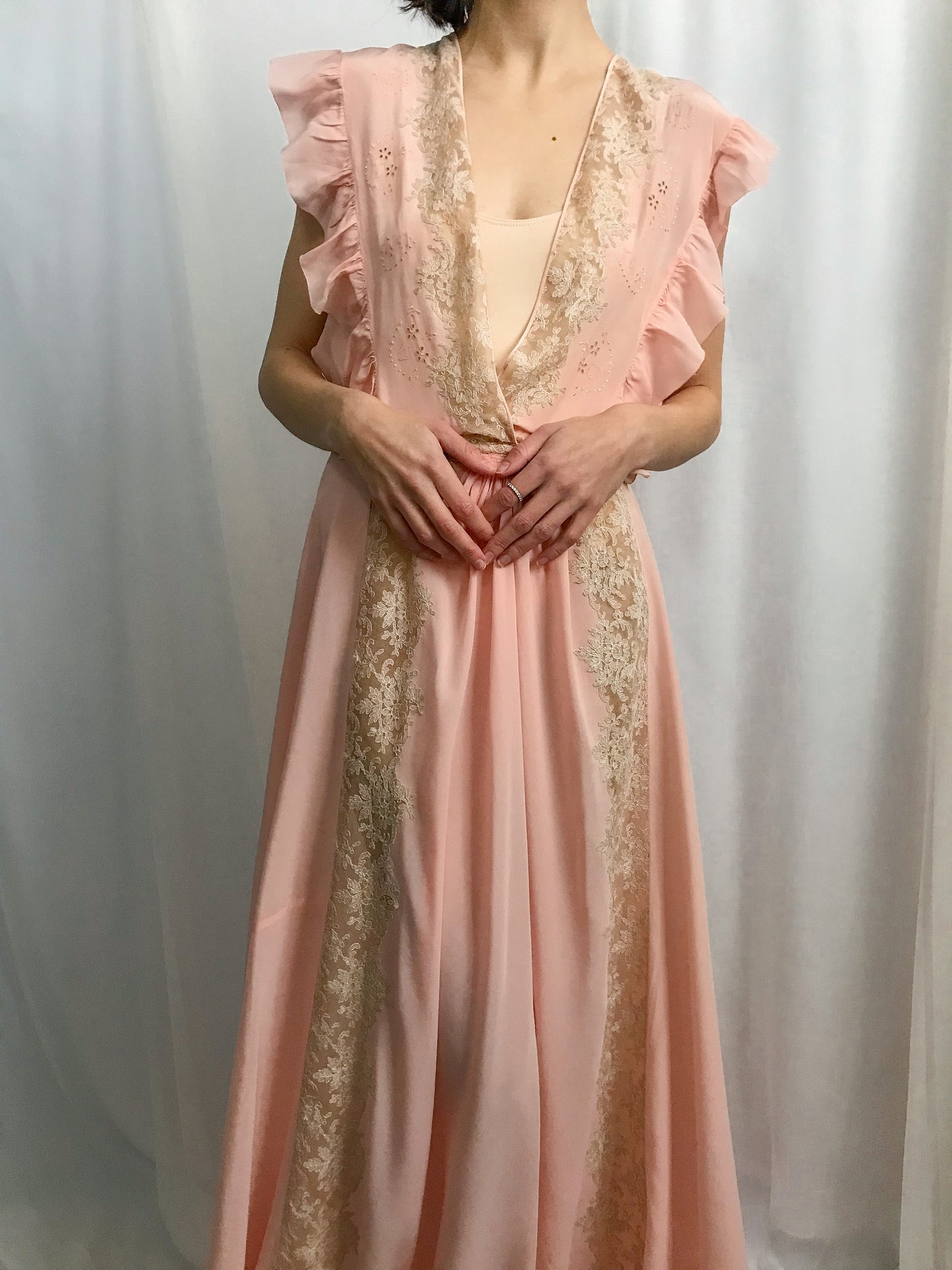 1930s Embroidered Tie Front Silk Gown