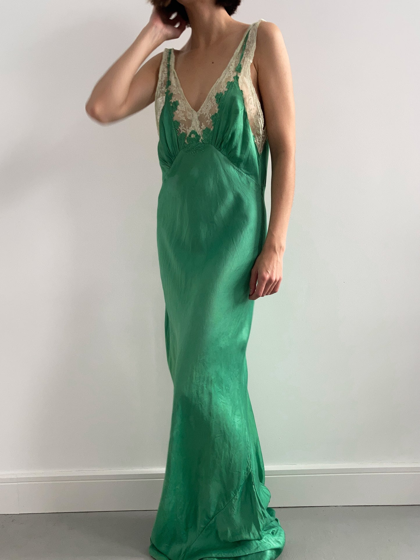 1930s Dyed Silk Floral Lace Gown - Emerald