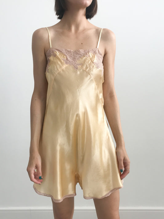 1930s Yellow Crepe Satin and Lace Playsuit