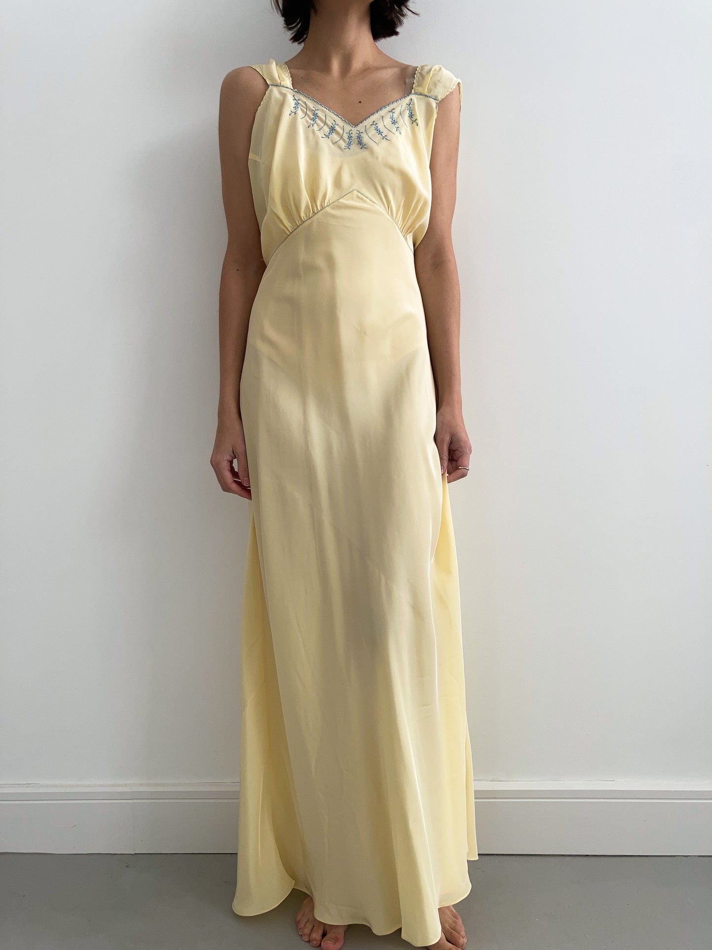 1930s Buttercream Slip with Blue Embroidery