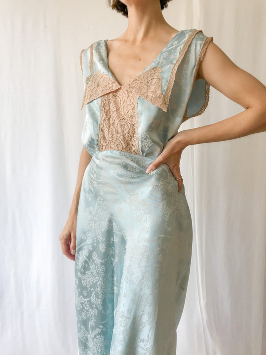 1930s Silk Blue Gown with Champagne Lace