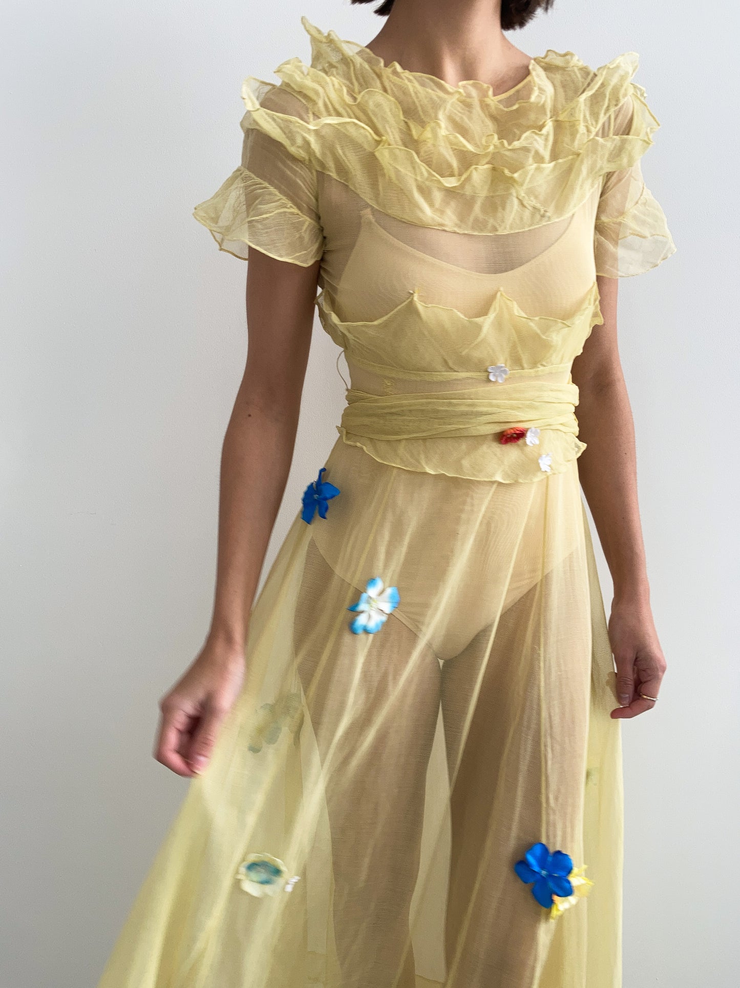 1930s Yellow Floral Ruffled Applique Dress