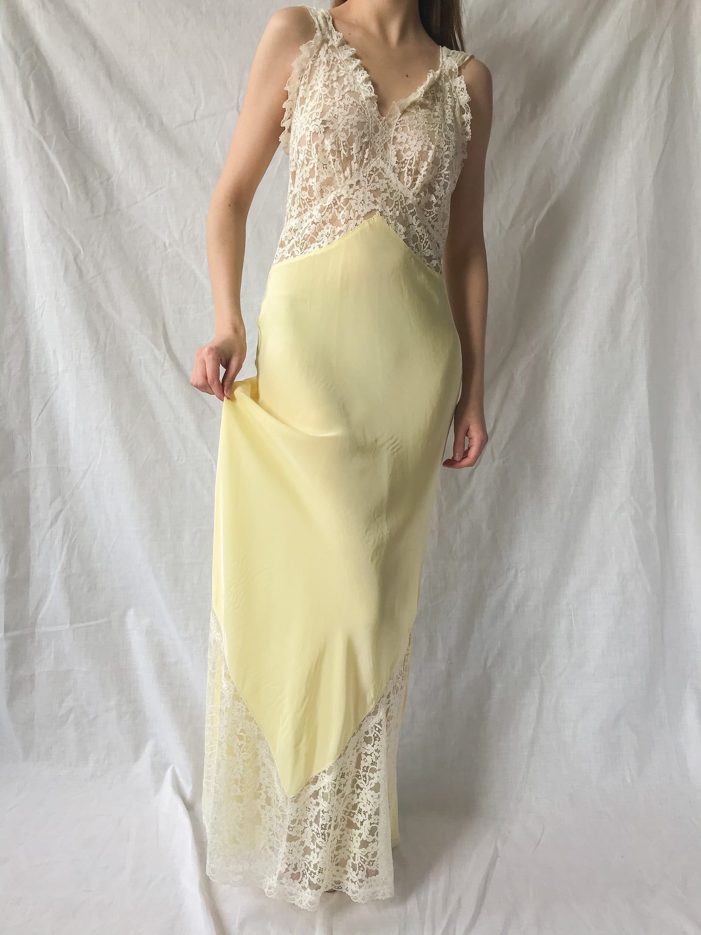 1930s Yellow Bias Cut Lace Slip Gown