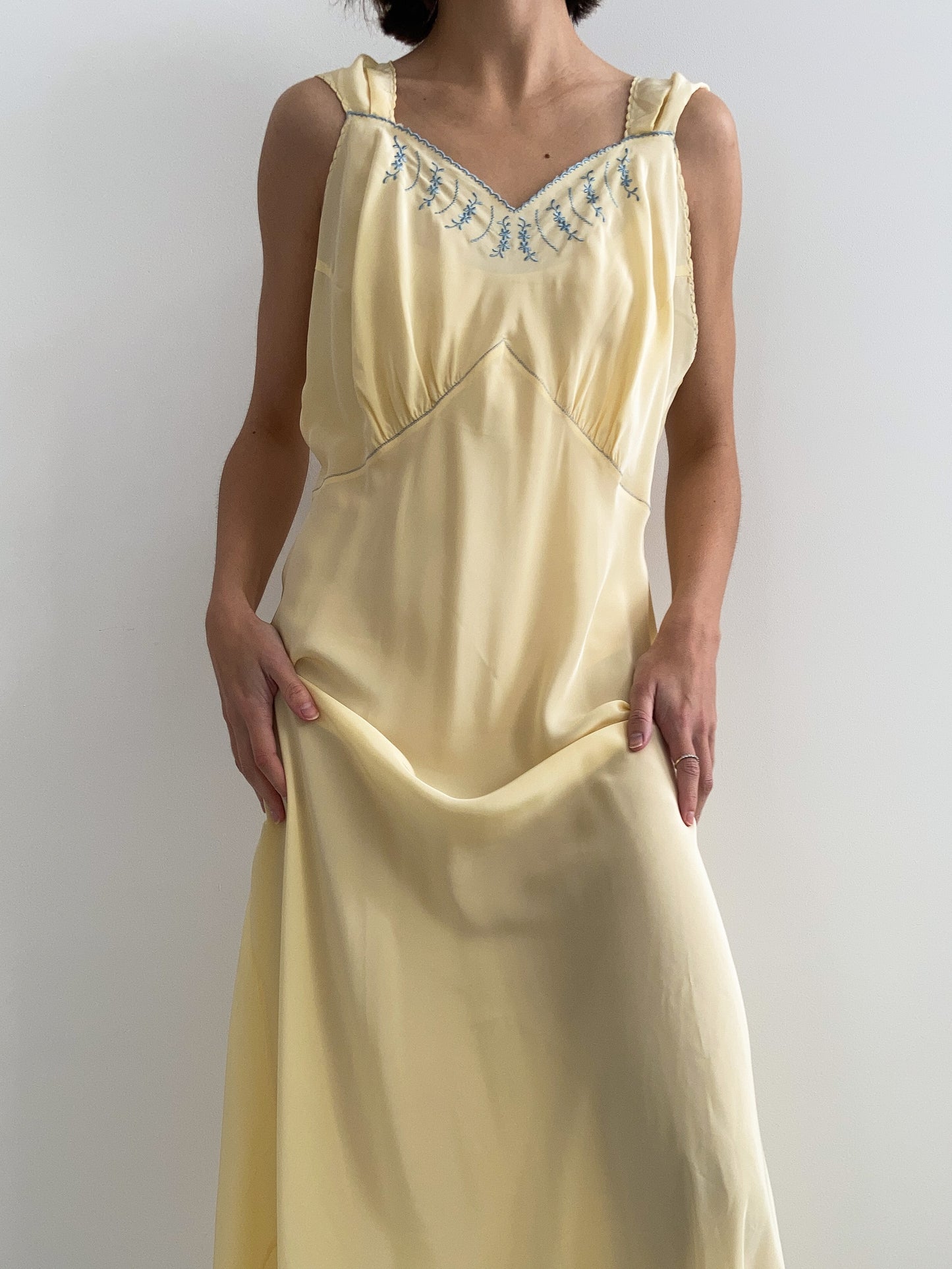 1930s Buttercream Slip with Blue Embroidery