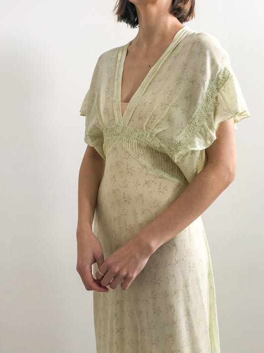 1940s Yellow Floral Ruffled Silk Gown