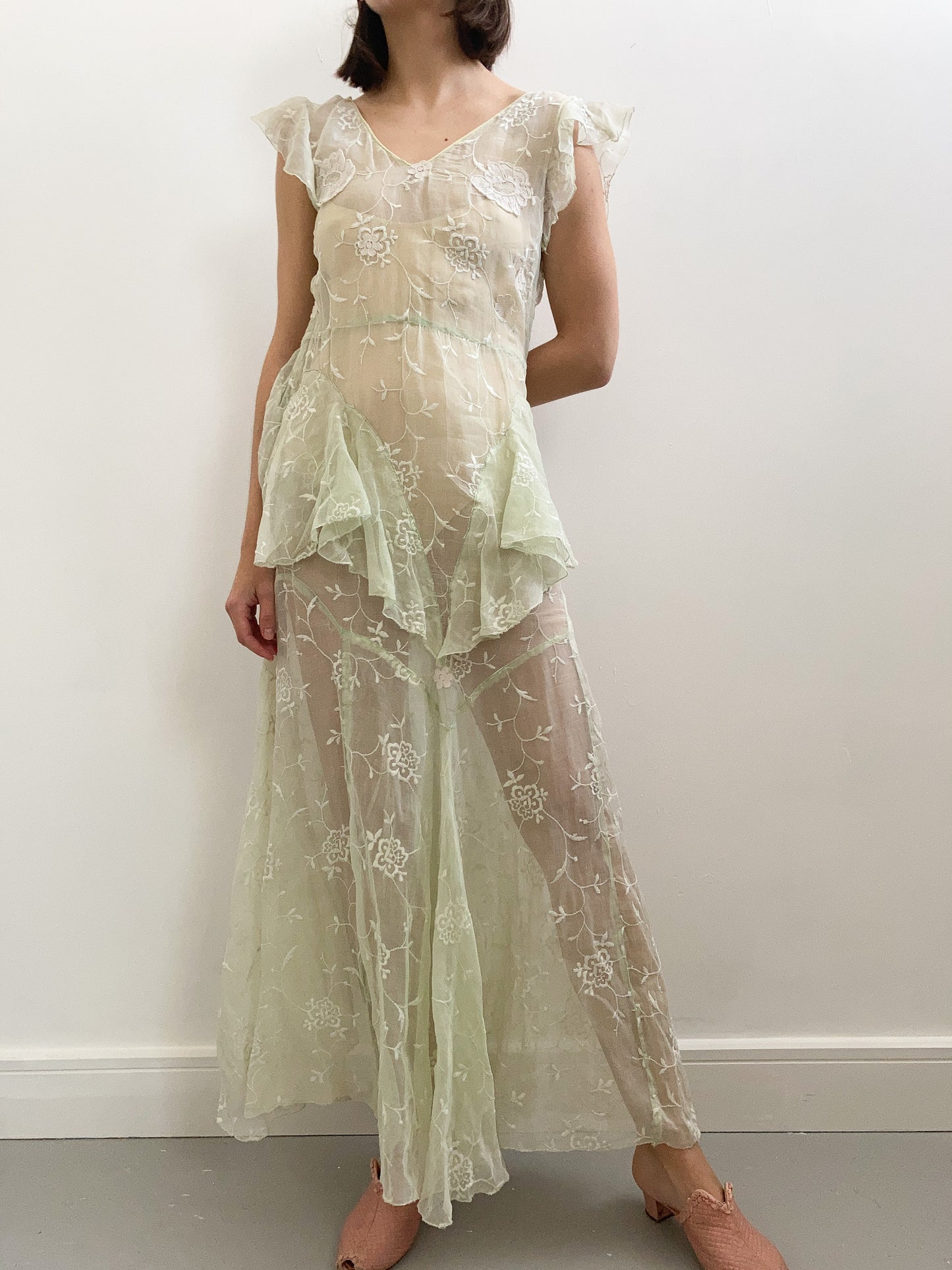 1930s Green Floral Organdy Peplum Dress