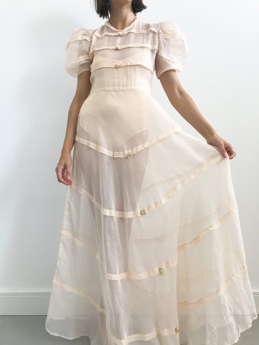 1930s Tiered Organza Puff Sleeve Dress