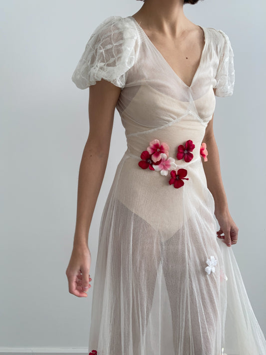 1930s Puff Sleeve Net Applique Dress