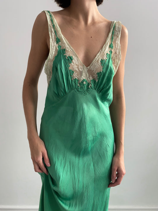 1930s Dyed Silk Floral Lace Gown - Emerald
