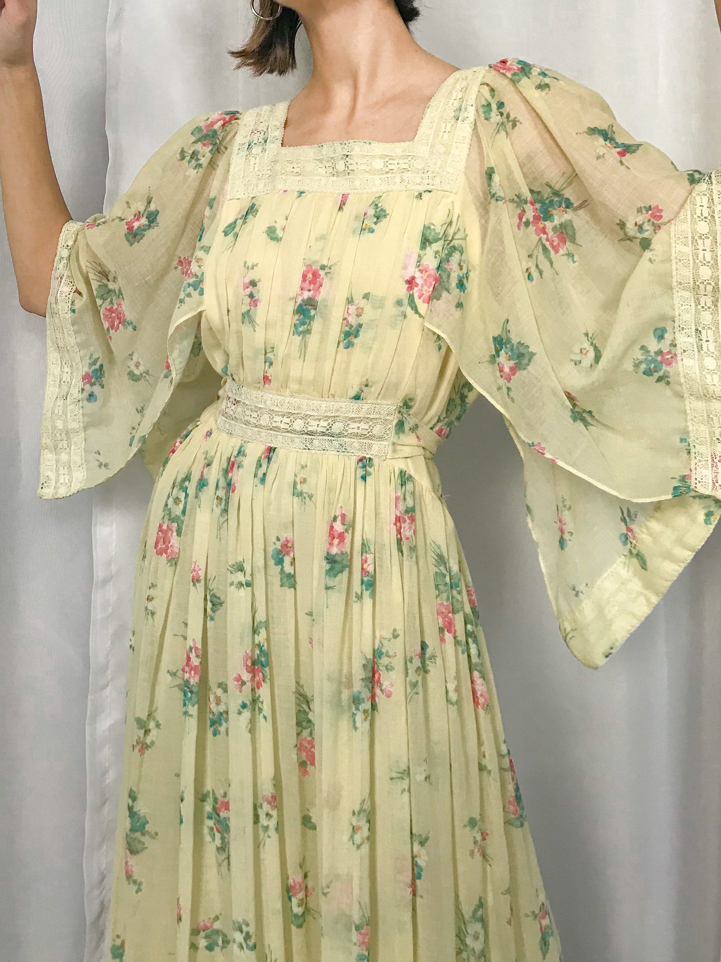 1970s Yellow Floral Angel Sleeve Dress