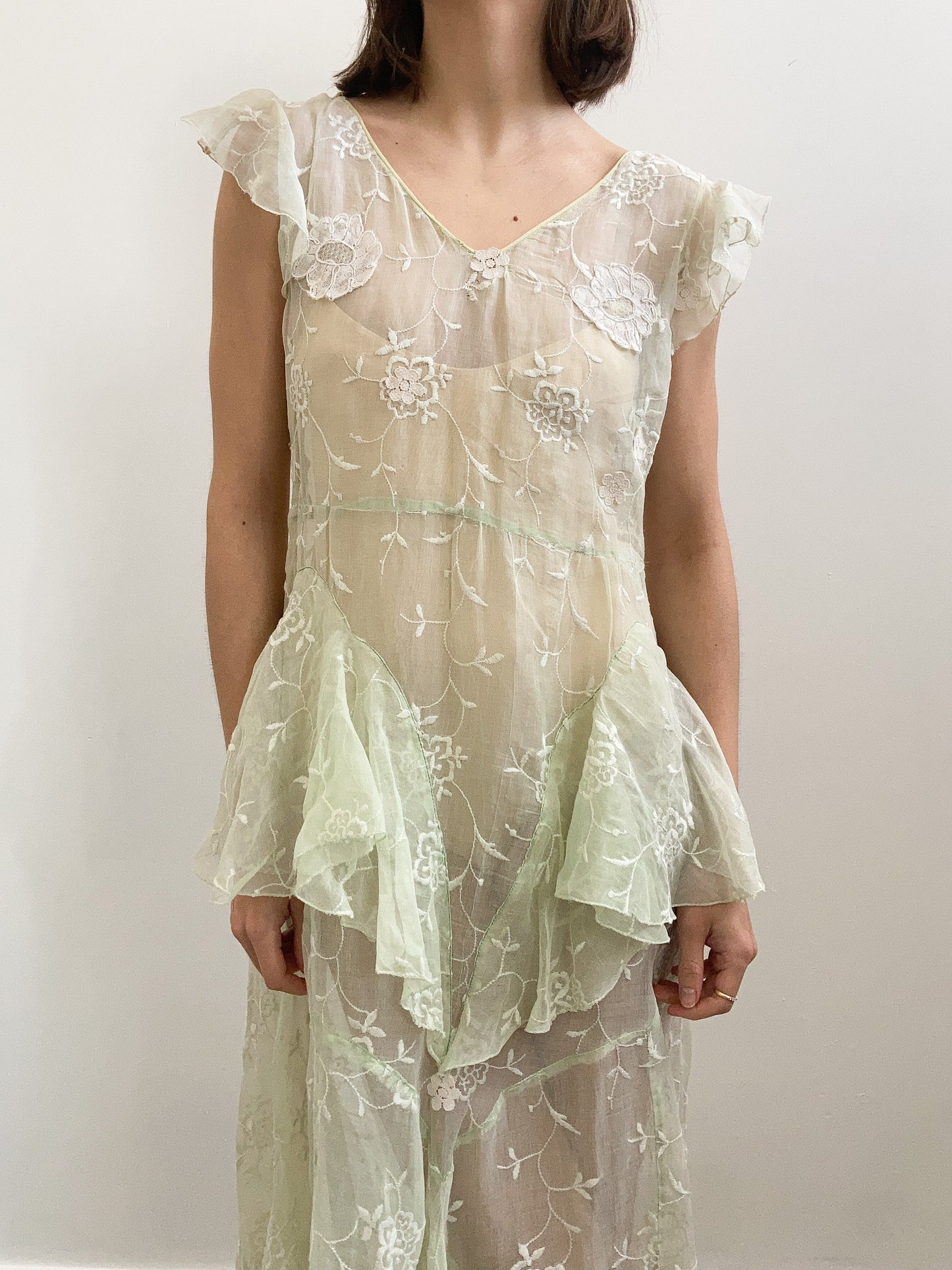 1930s Green Floral Organdy Peplum Dress