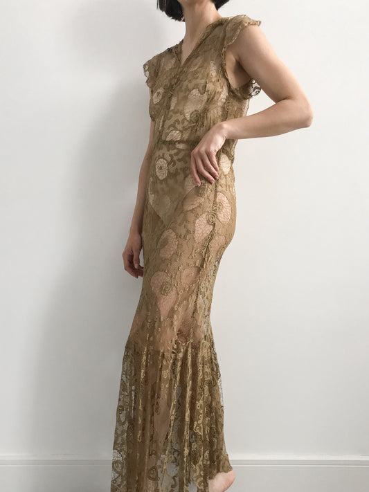 Antique Mermaid Gold Lace Wedding Dress