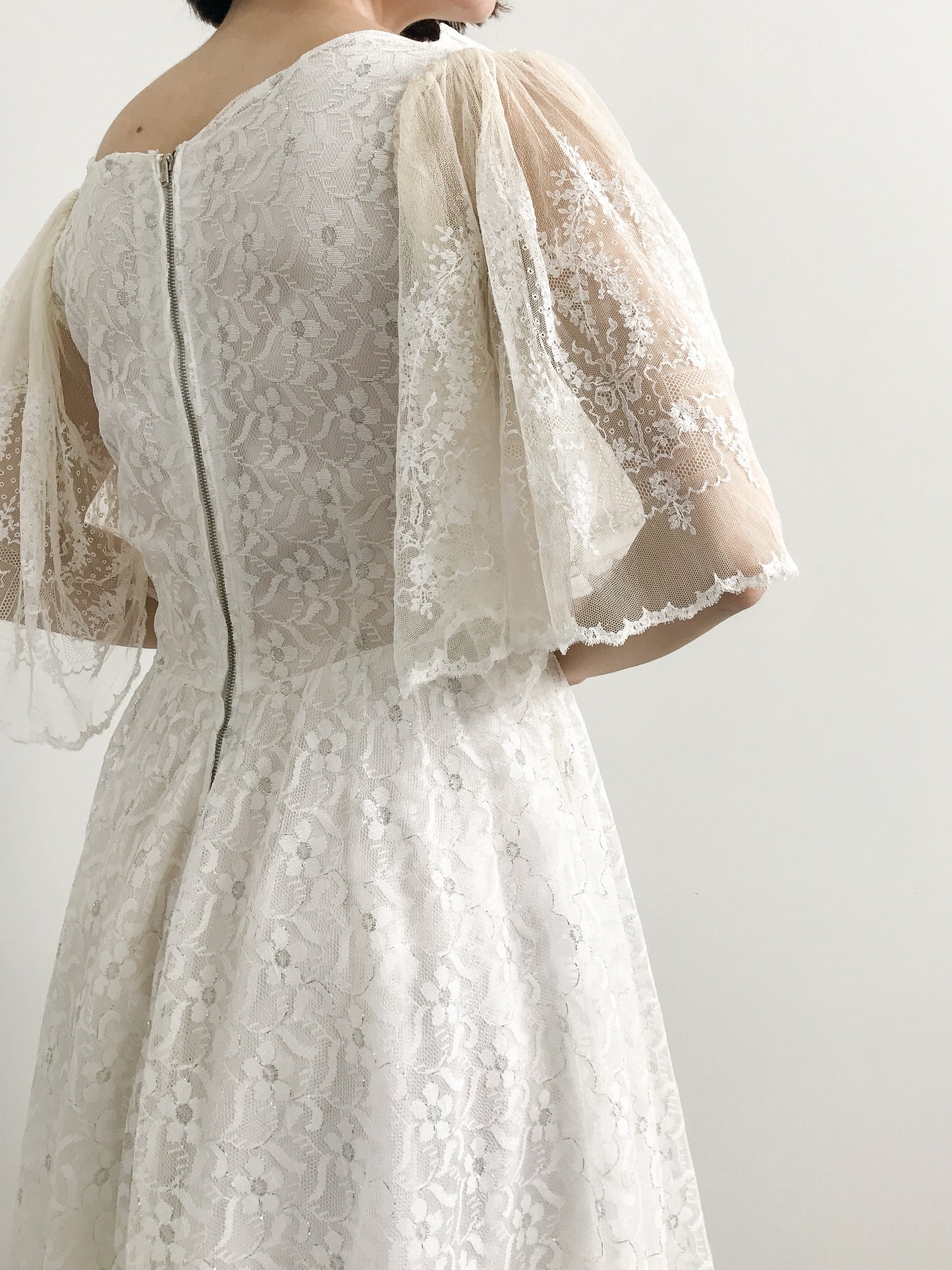 1940s Flutter Sleeve & Lace Wedding Dress