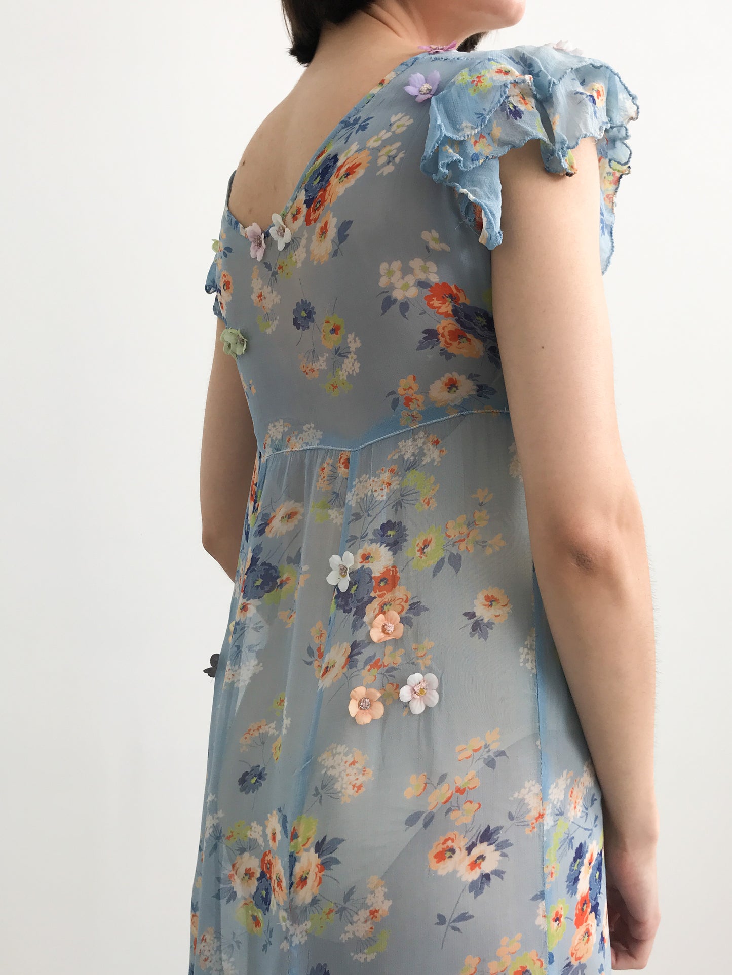 1930s Reworked Blue Floral Chiffon Dress