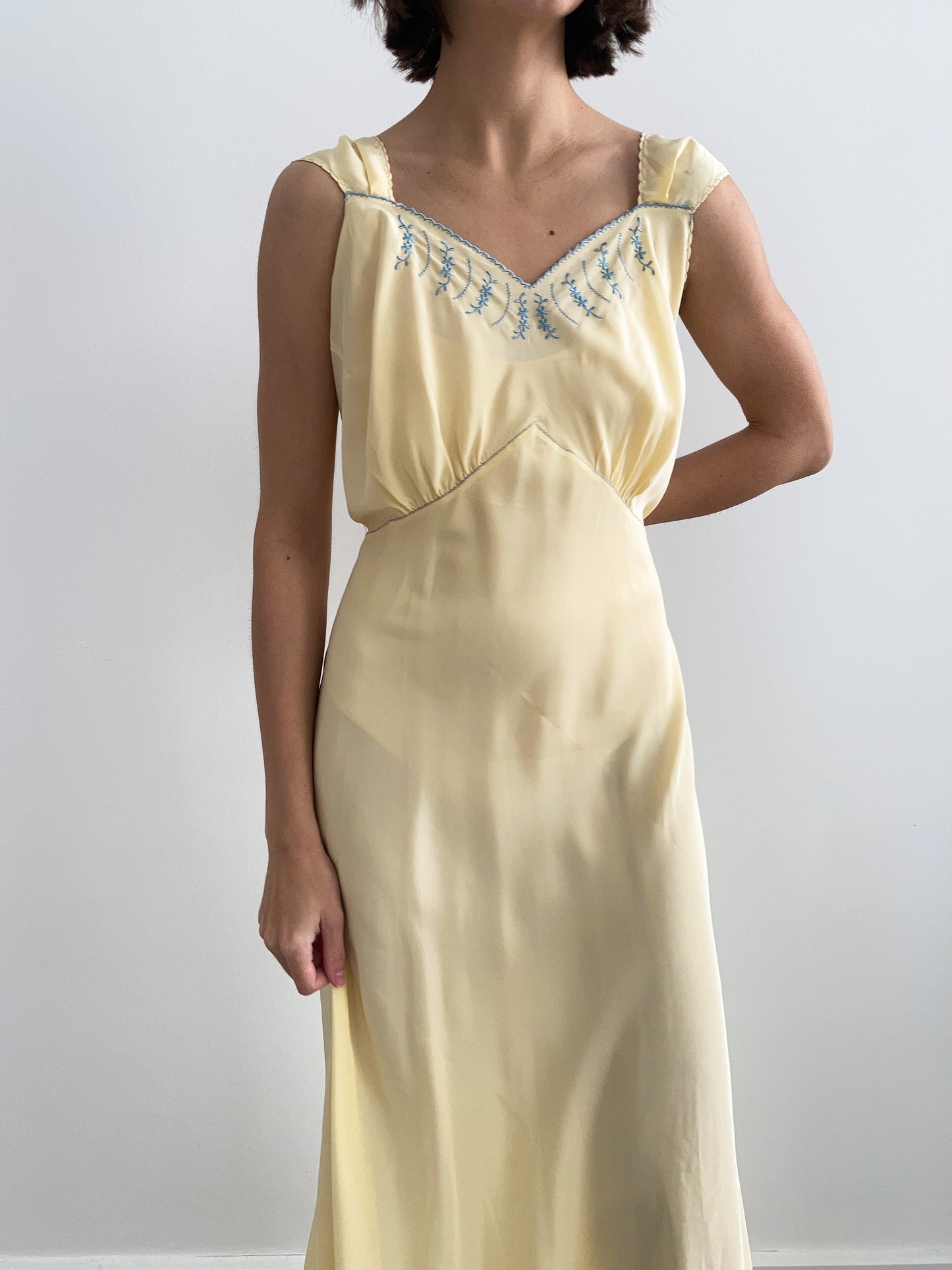 1930s Buttercream Slip with Blue Embroidery