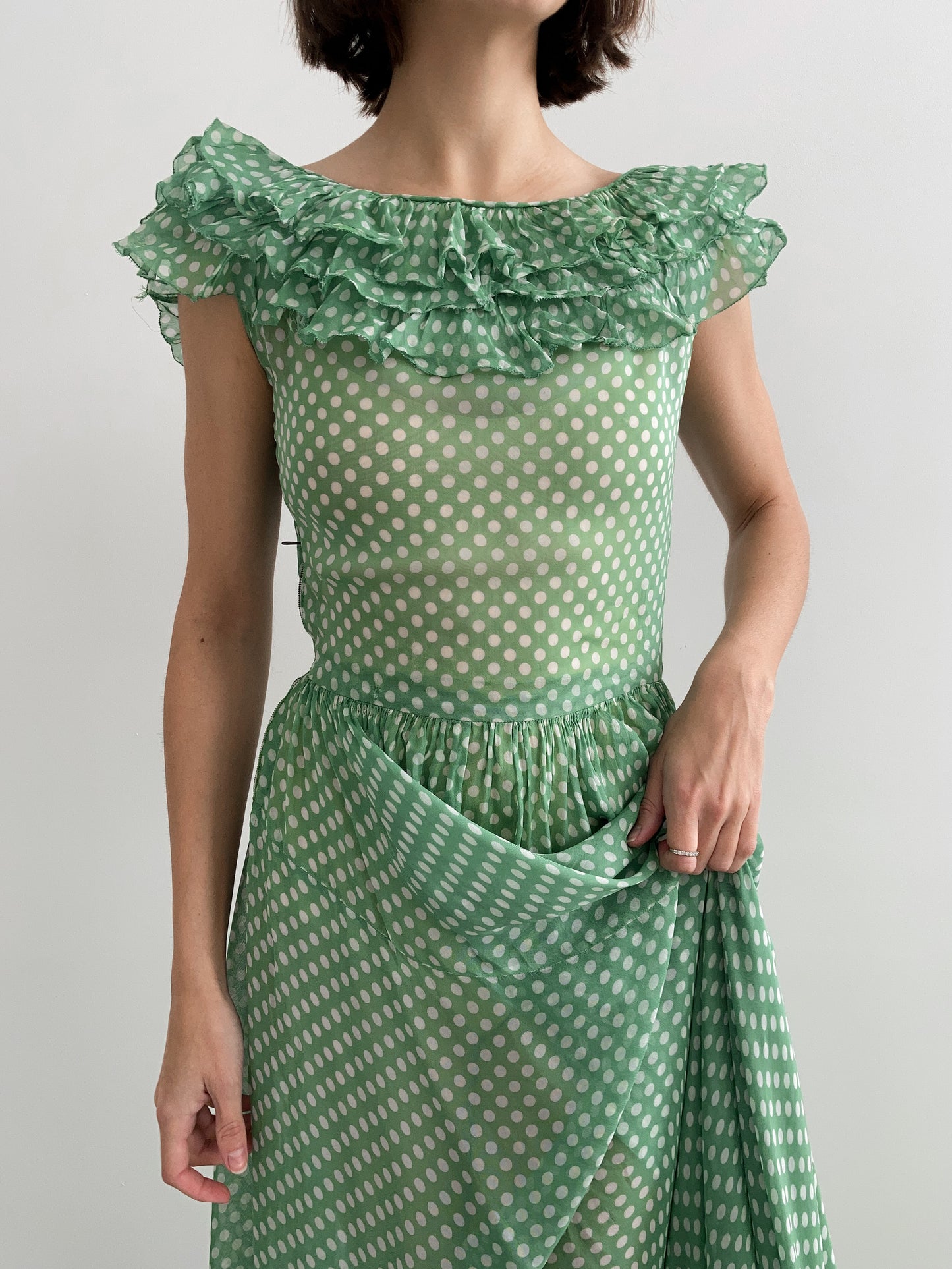 1930s Green Ruffled Polka Dot Dress