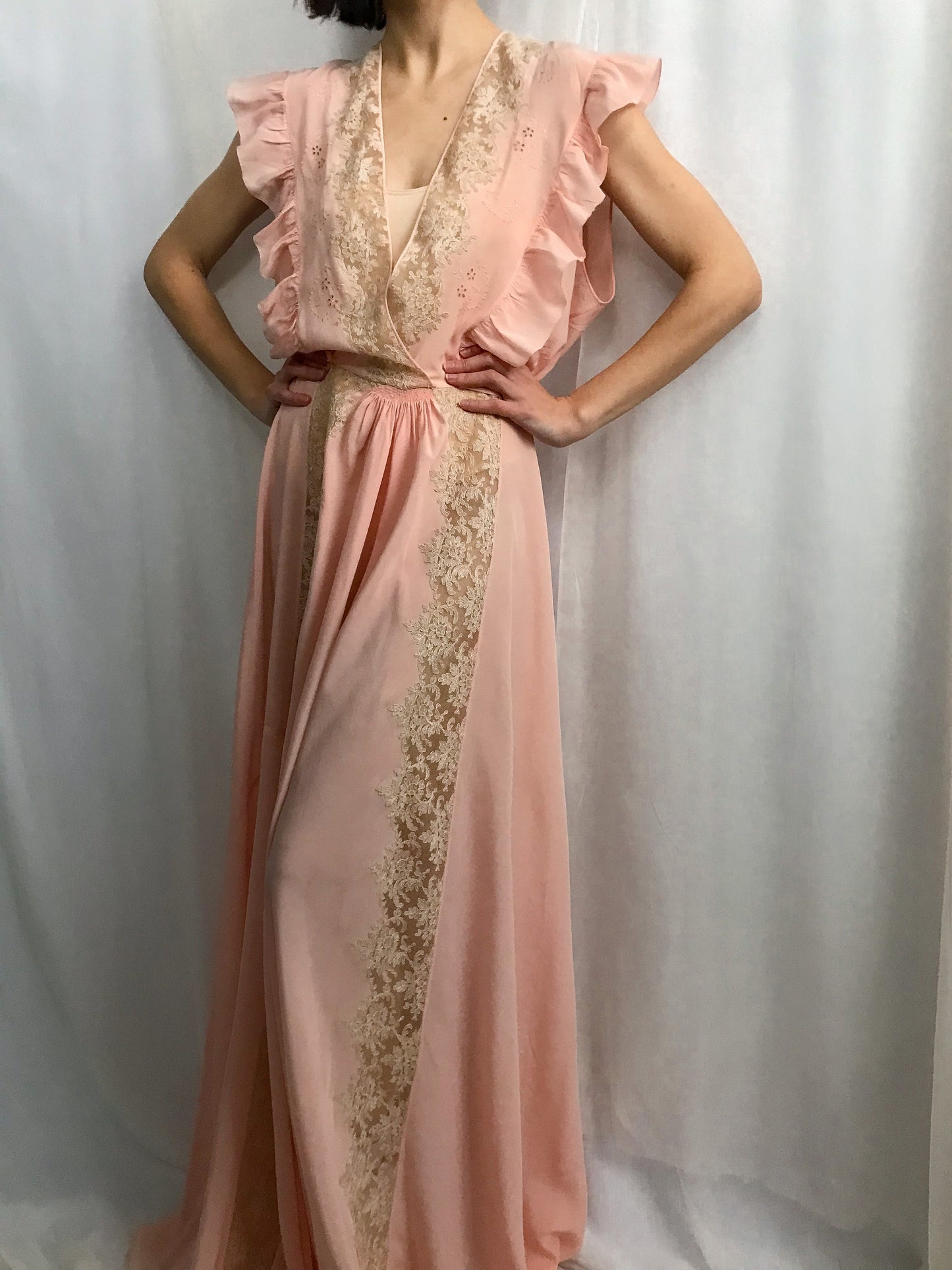 1930s Embroidered Tie Front Silk Gown