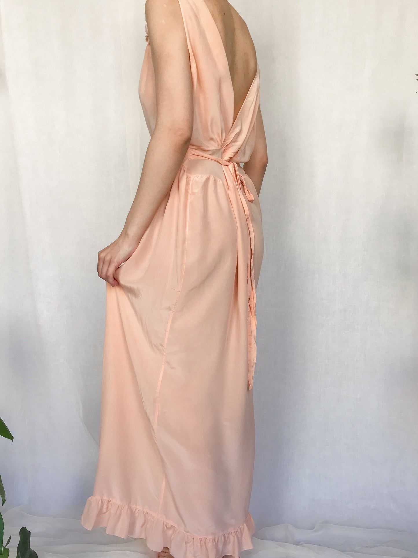 1940s Peach Silk Ruffle Front Gown