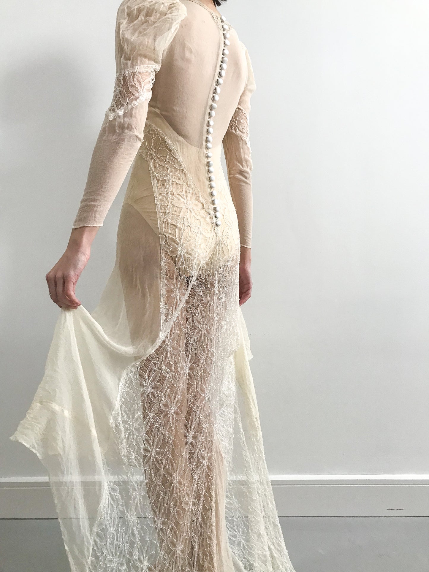 1940s Sheer Chiffon Lace Wedding Dress