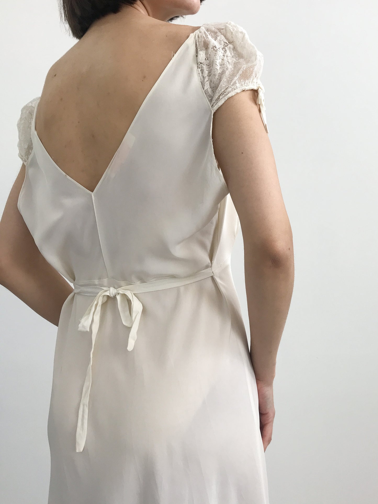 1940s Off Shoulder Satin Lace Slip Gown