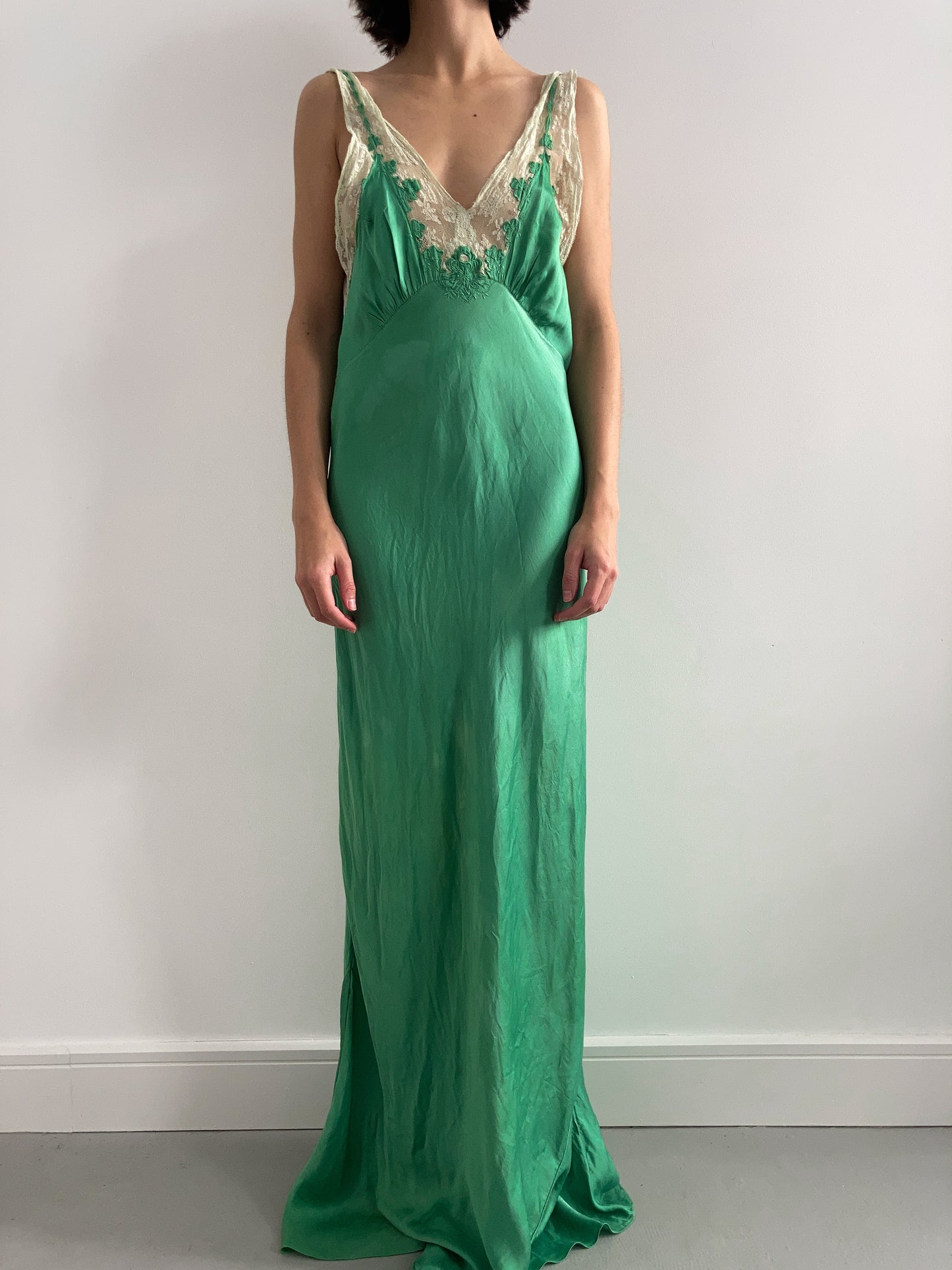 1930s Dyed Silk Floral Lace Gown - Emerald