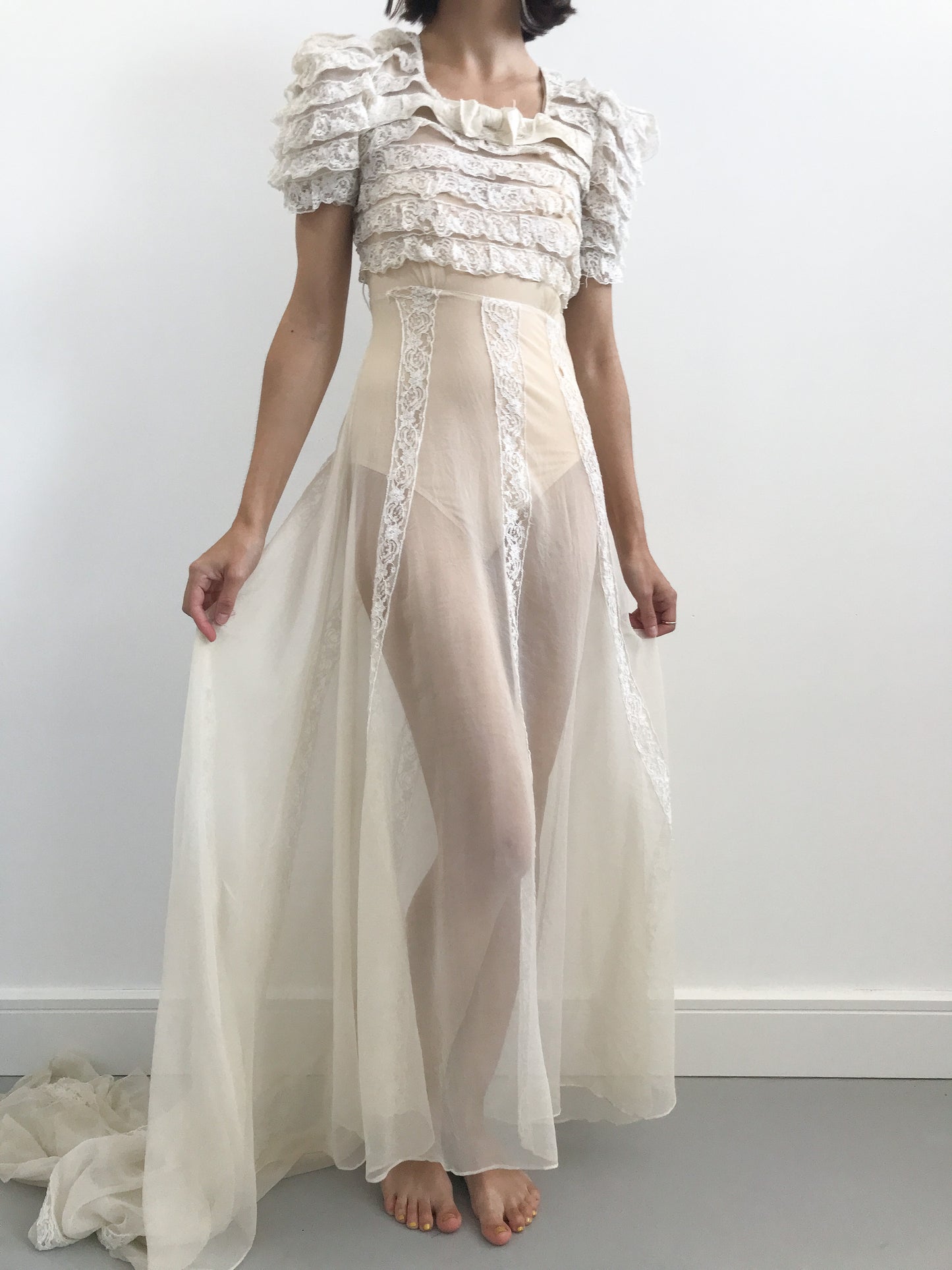 1930s Sheer Net & Lace Wedding Dress