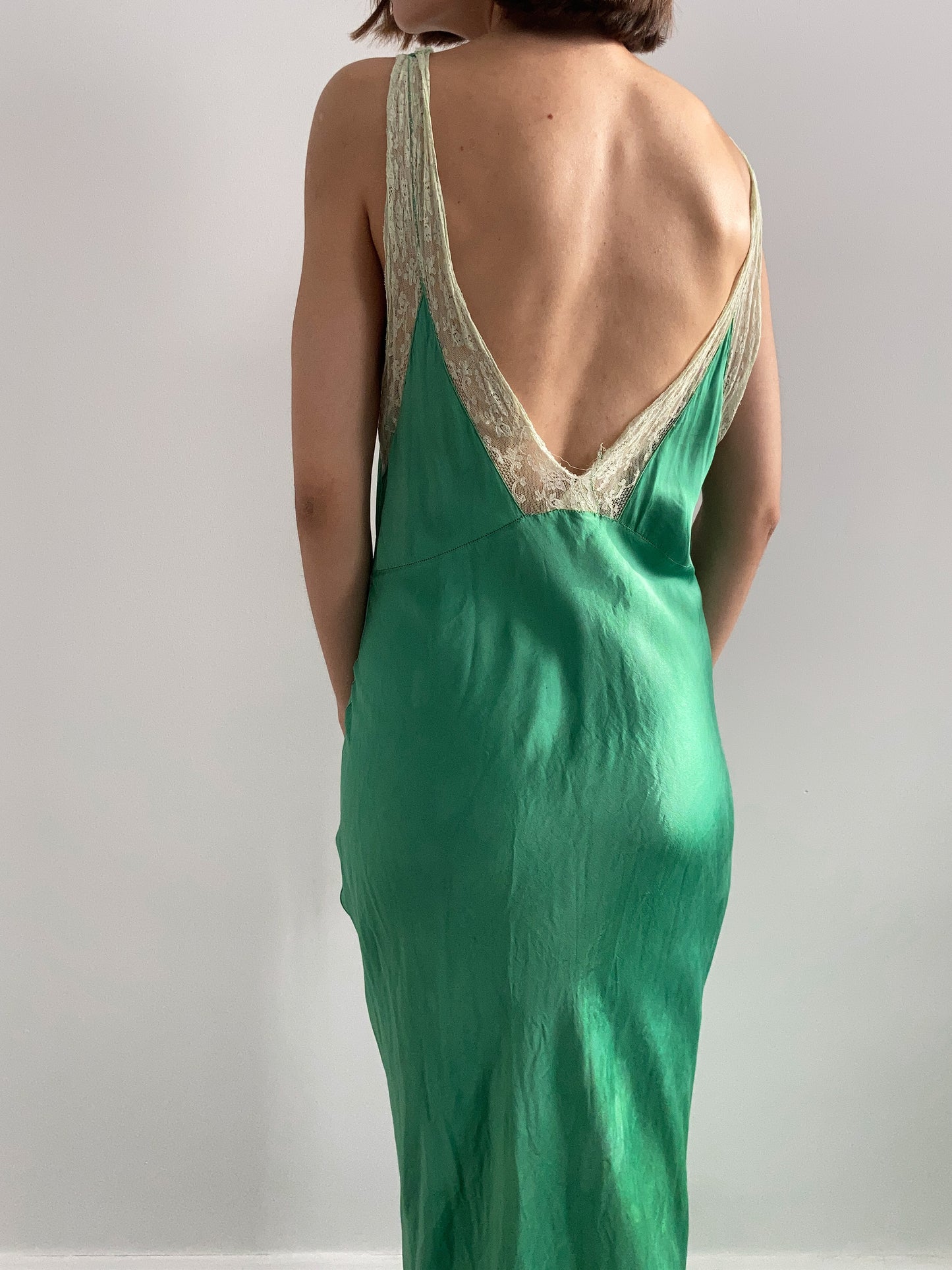 1930s Dyed Silk Floral Lace Gown - Emerald