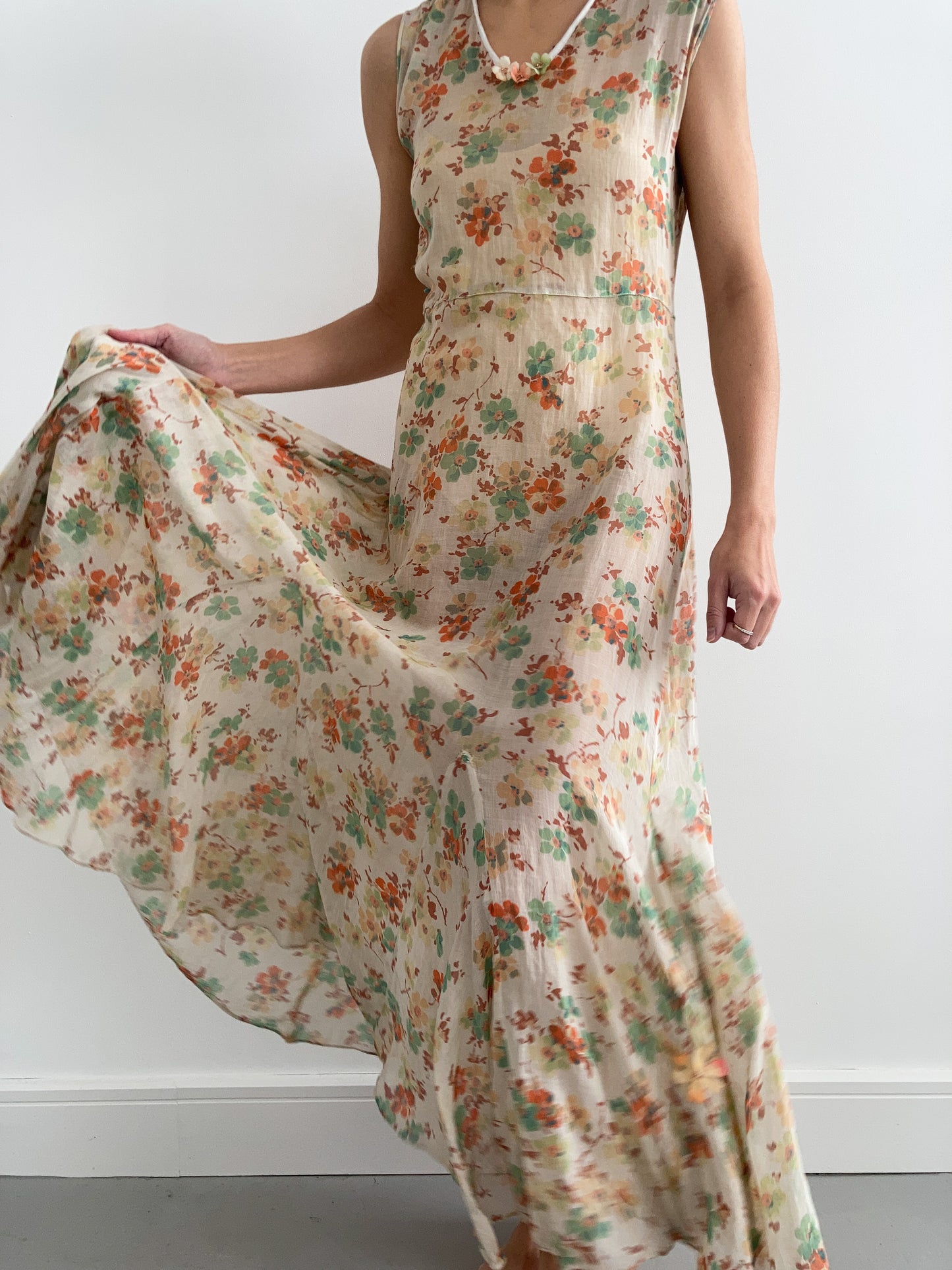 1930s Autumn Floral Cotton Voile Dress