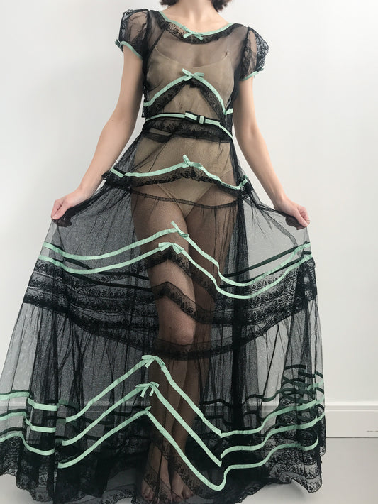 1930s Black Lace and Green Ribbon Dress