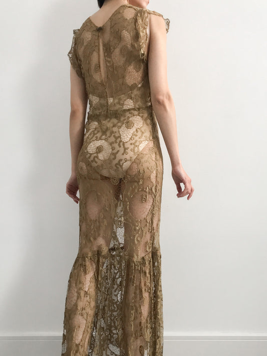 Antique Mermaid Gold Lace Wedding Dress