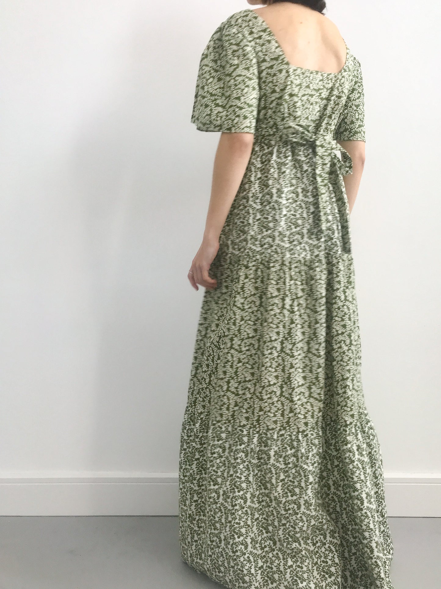 1970s Green Floral Tiered Prairie Dress