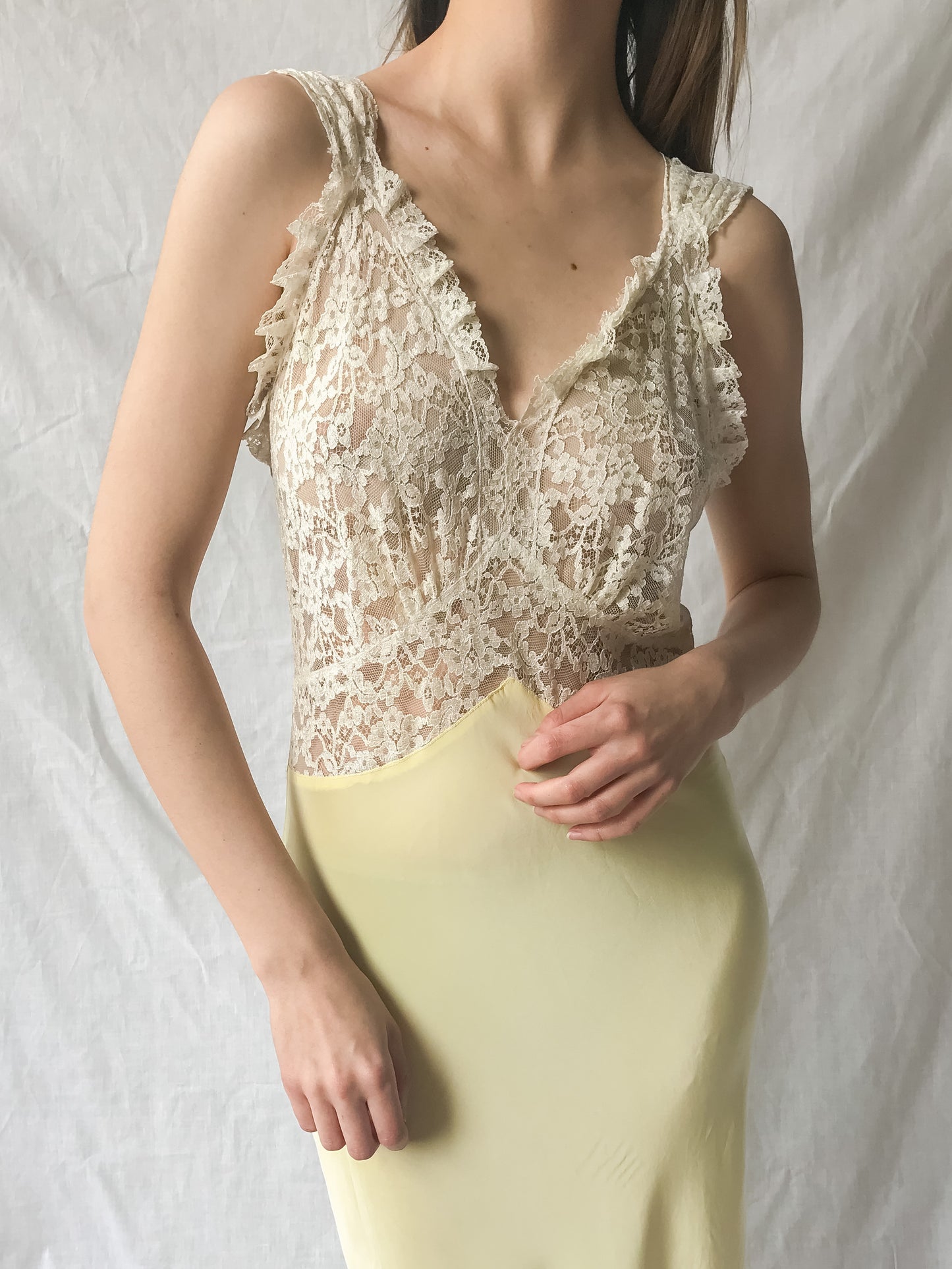 1930s Yellow Bias Cut Lace Slip Gown
