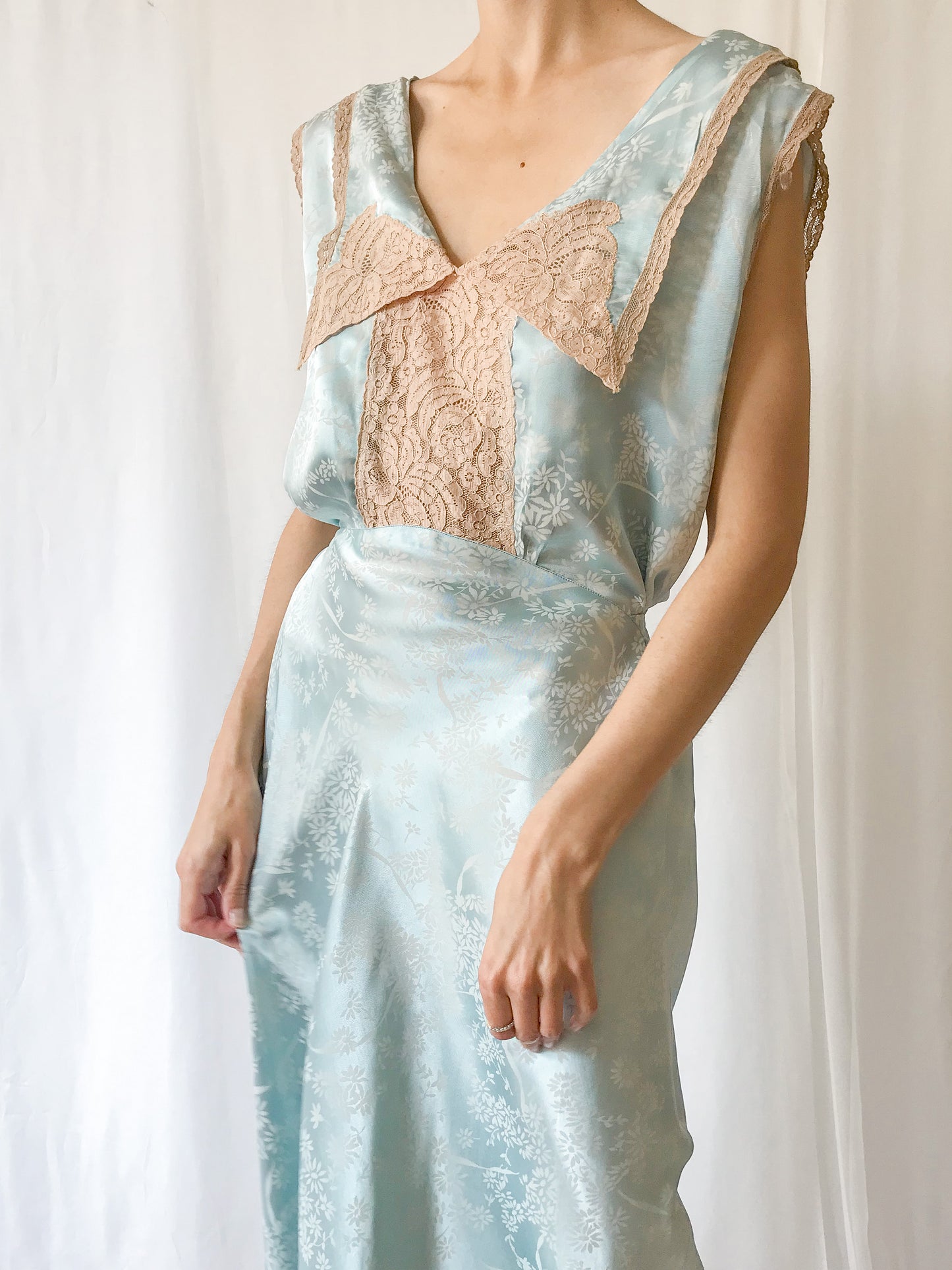 1930s Silk Blue Gown with Champagne Lace
