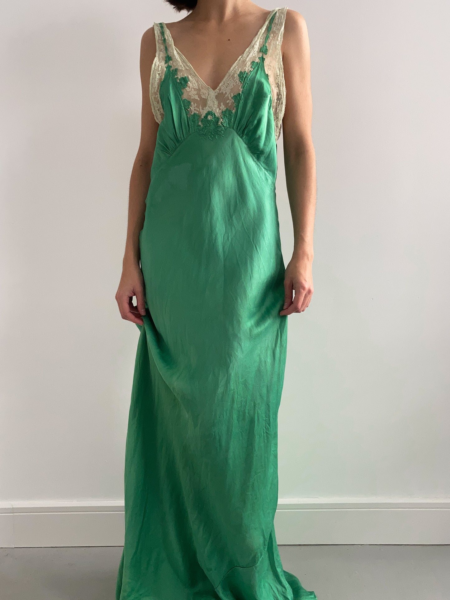 1930s Dyed Silk Floral Lace Gown - Emerald