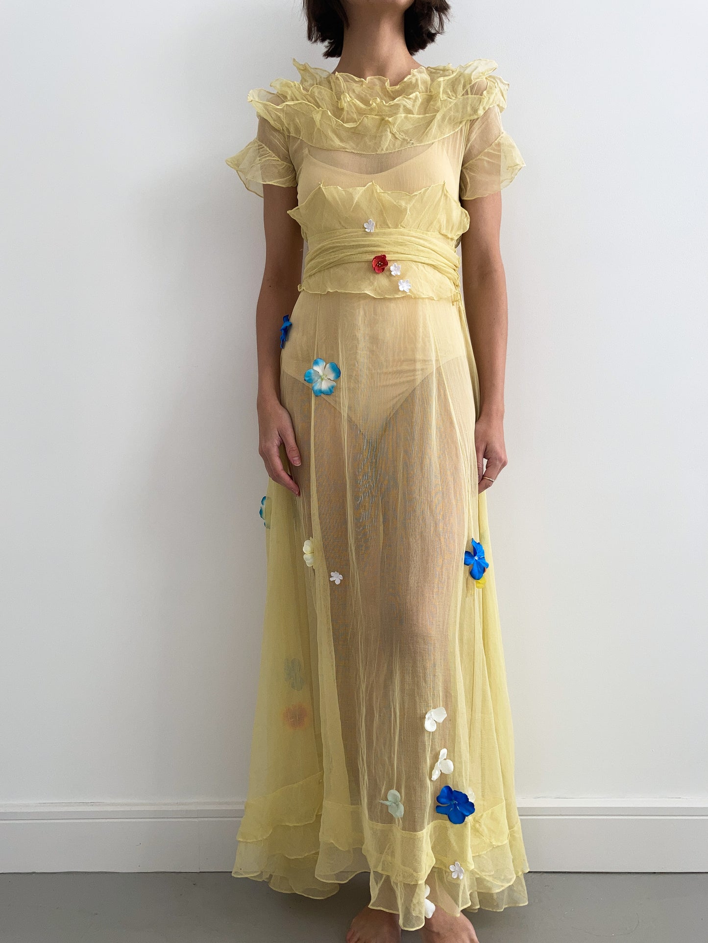 1930s Yellow Floral Ruffled Applique Dress