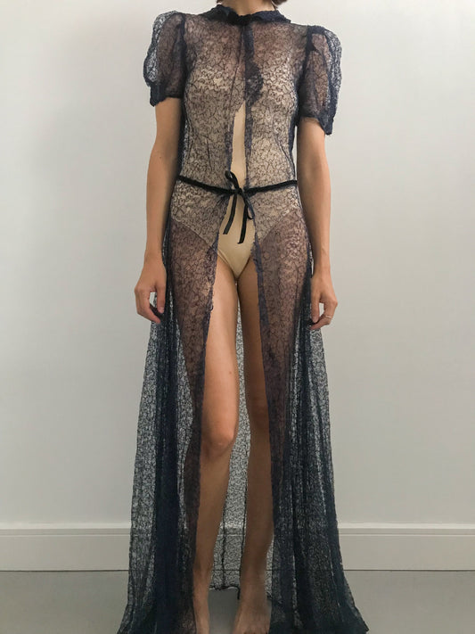 1930s Midnight All Lace Open Front Robe