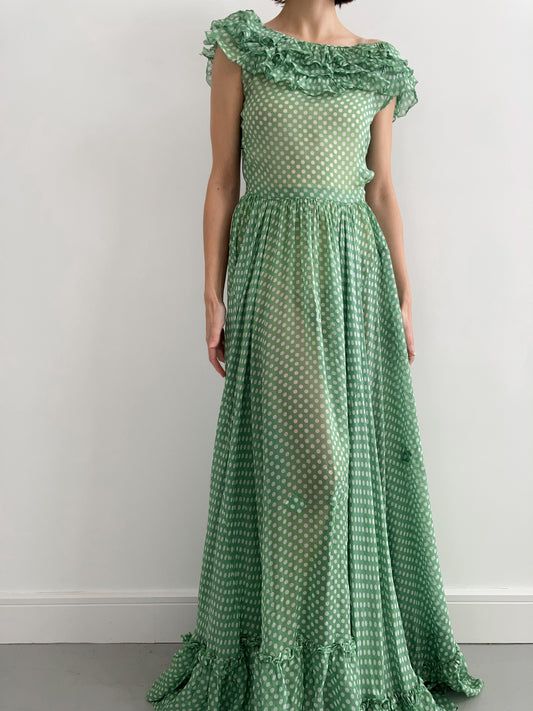 1930s Green Ruffled Polka Dot Dress