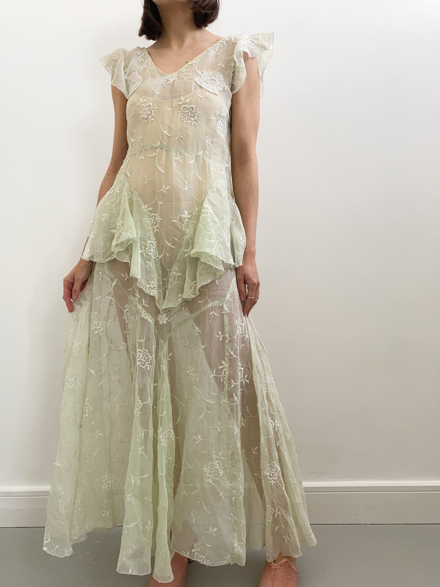 1930s Green Floral Organdy Peplum Dress